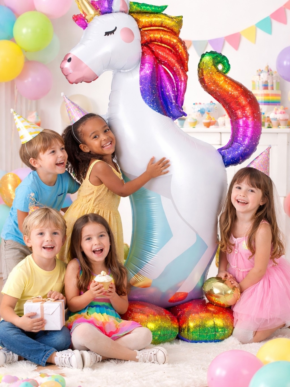 55 Inch Rainbow Unicorn Foil Balloon - White Unicorn Party Decoration